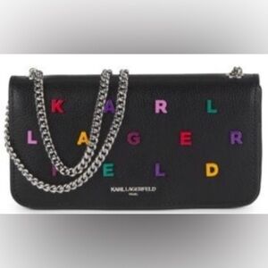 KARL LAGERFELD PARIS NWT  gorgeous black/multi Kosette Leather Wallet On Chain